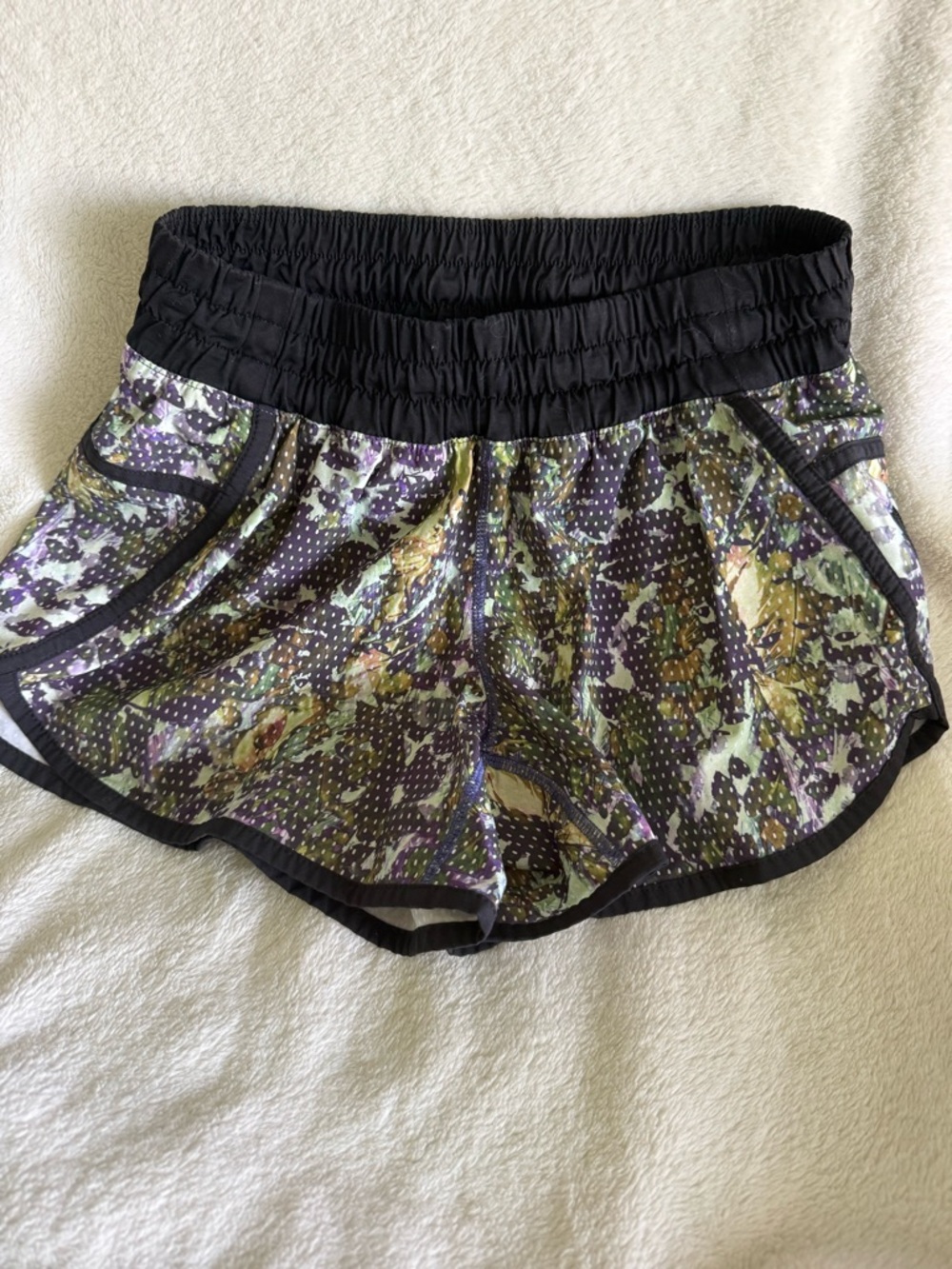 lululemon athletica Black Waistband Purple & Green Printed Athletic Shorts